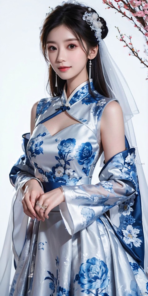  cowboy_shot, (Good structure), DSLR Quality,Depth of field ,looking_at_viewer,Dynamic pose, , kind smile,
masterpiece, The best quality, 1girl, luxurious wedding dress, dreamy scene, white background, front viewer, looking at viewer, Flowers, romantic, Bride, Translucent white turban, UHD, 16k, , sparkling dress, , white stockings, , chinese dress,white dress,long hair,
chinese clothes,dress,white dress,floral print,china dress,blue dress,hanfu,long sleeves,print dress,robe,skirt,sleeveless dress,widesleeves, weddingdress, , songyi, jiajingwen