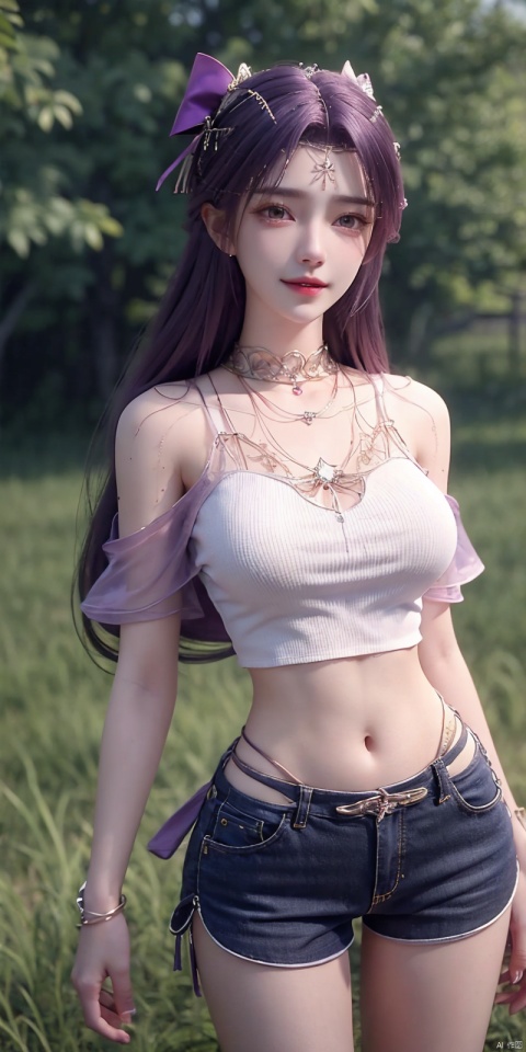  nai3, 1girl, shorts, solo, crop top, black shorts, choker, navel, shirt, midriff, crop top overhang, looking at viewer, white shirt, jewelry, breasts, cowboy shot, bare shoulders, short shorts, off-shoulder shirt, off shoulder, black choker, thighs, stomach, hand on own thigh, long hair, bracelet, short sleeves, ribbon, hand up, collarbone, hair ribbon, medium breasts, standing, high-waist shorts, dolphin shorts, bra strap, , hair ornament, thigh gap, necklace, expressionless, , , yunxi,purple hair,purple eyes,kind smile