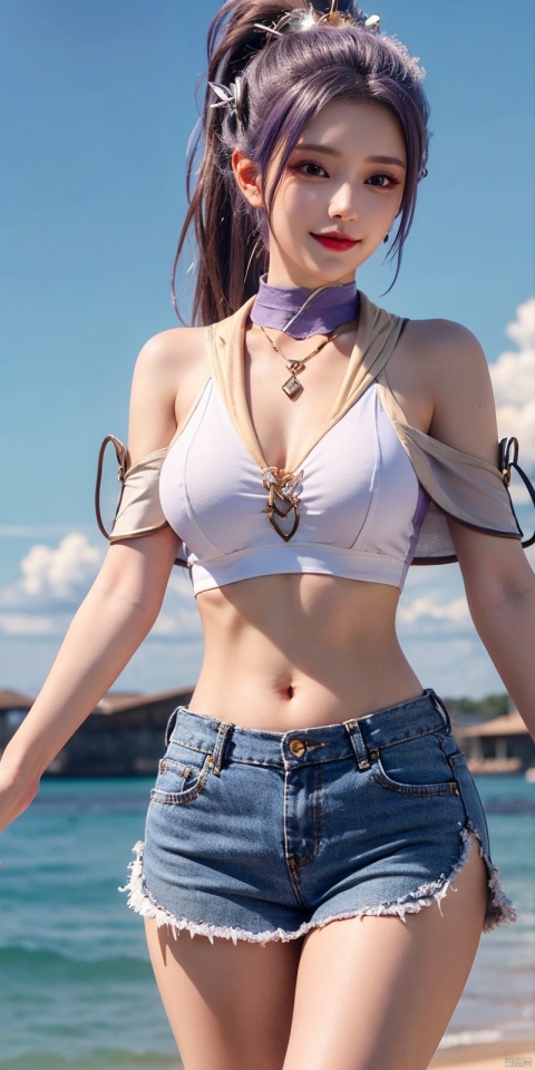 cowboy_shot,(Good structure),, Blue sky, miniskirt,white clouds, ocean,nai3, 1girl, , solo, crop top,  choker, navel, , midriff, crop top overhang, looking at viewer, , jewelry, breasts, bare shoulders, short shorts, off-shoulder shirt, off shoulder, black choker, thighs, stomach, , long hair, bracelet, short sleeves, ribbon, , collarbone, hair ribbon, medium breasts, ,,  bra strap, , hair ornament, thigh gap, necklace,  , ,kind smile, , , hanyue, high ponytail, purple hair,Dynamic pose