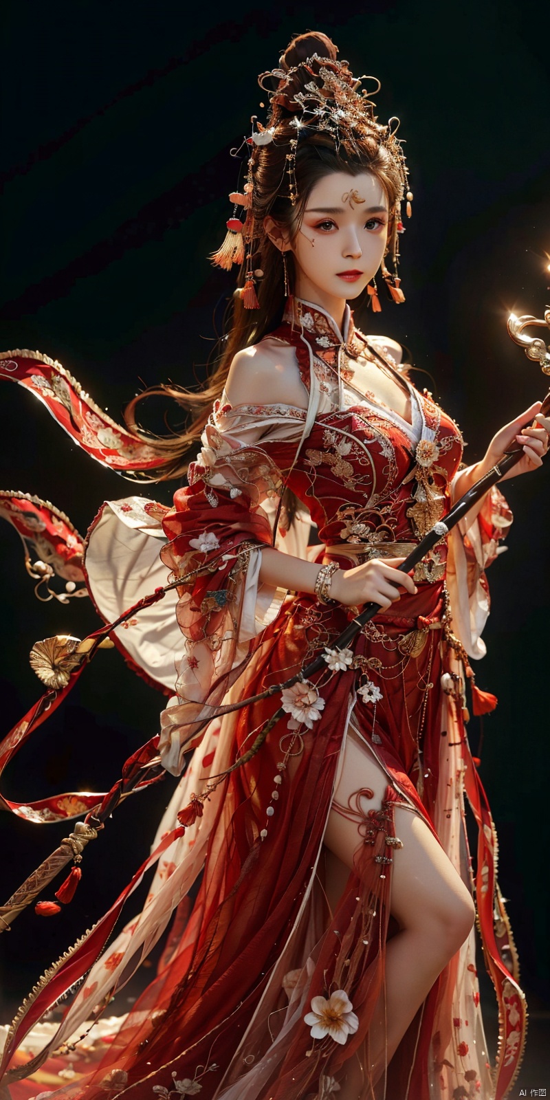   cowboy_shot,(Good structure), DSLR Quality,Depth of field,kind smile,looking_at_viewer,Dynamic po,masterpiece, official art, extremely detailed cg unity 8k wallpaper, highly detailed, absurdres, 8k resolution, 1girl, long hair, solo, black hair, dress, holding, fire, white dress, staff, barefoot, jewelry, dark skin, long dress, breasts, weapon, full body, polearm, holding staff, bracelet, looking at viewer, dark-skinned female, standing, torn clothes, blood, spear, holding weapon, medium breasts, floating hair, closed mouth, embers, holding polearm , depth of field, panorama, cinematic lighting, ray tracing, ((poakl)), chineseclothes, hanikezi