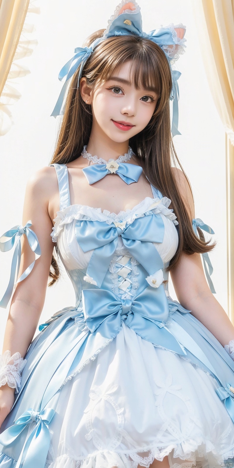  (Good structure), DSLR Quality,,,Girl, bare shoulders,  , boobs, bow tie, brown eyes, cat ears, collar, ((Lolita Dress: 1.4)) , blue and white Lolita dress, wrinkled leg outfit, hand-held, lips, nose, shoulders, , alone,  , kind smile, looking at the audience, white leg costume, wrist cuffs, 1girl,,looking_at_viewer, lolidress, ,, youna,