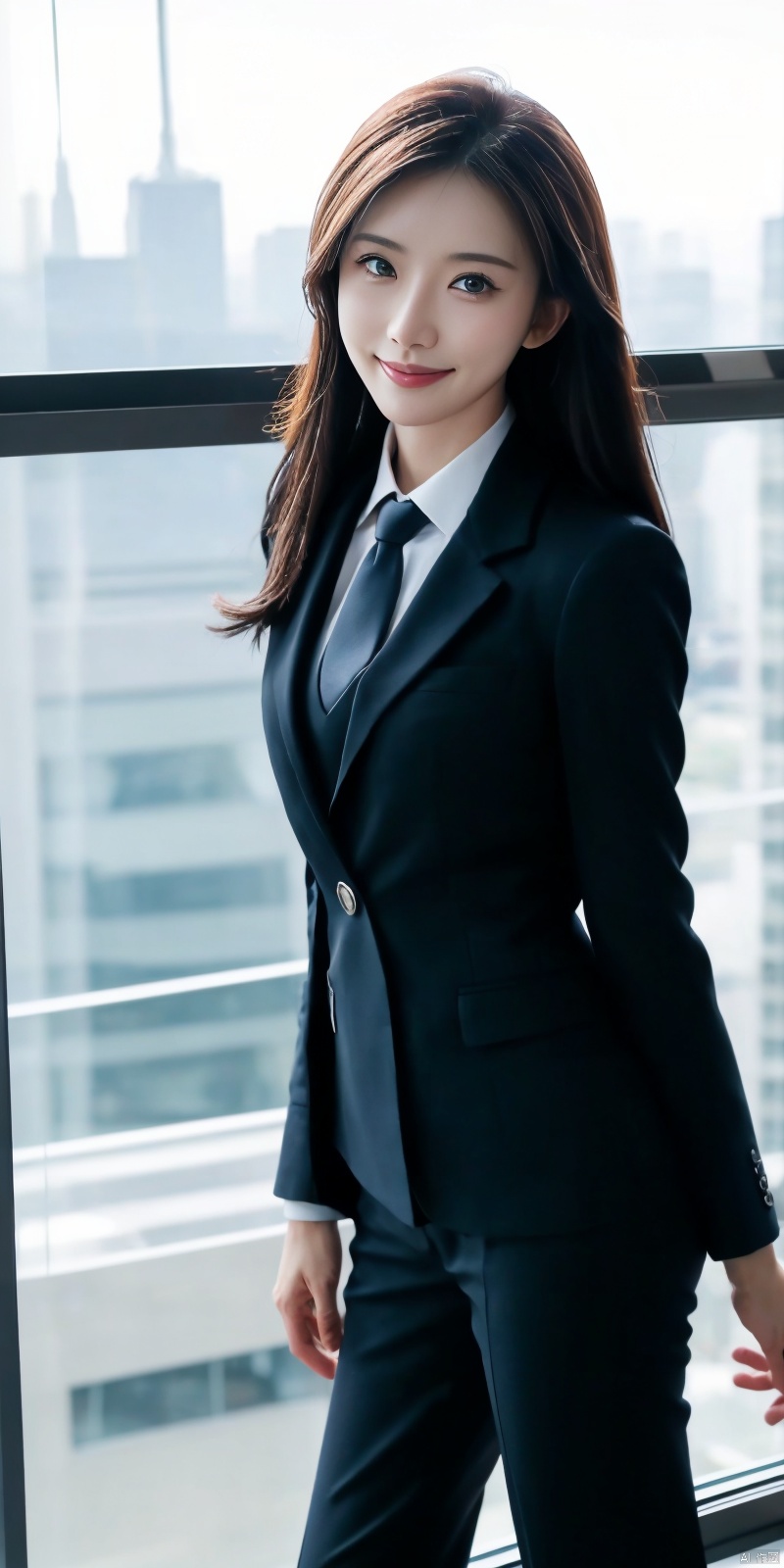  best quality, masterpiece, cowboy_shot,(Good structure), DSLR Quality,Depth of field,kind smile,looking_at_viewer,Dynamic pose, 
Modern businesswoman, dressed in a sleek suit and tie, posing confidently in a modern office setting, cityscape view through the window, focused expression, powerful pose, professional attire, realistic lighting, sharp focus.,linzhilin,