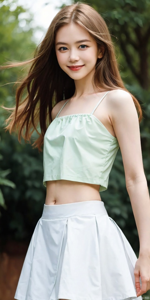  best quality, masterpiece, realistic,cowboy_shot,(Good structure), DSLR Quality,Depth of field,kind smile,looking_at_viewer,Dynamic pose, 
1girl, solo, long hair, looking at viewer,  skirt, flower,, crop top, white skirt, plant, green shirt, tube top, , nike,blue eyes