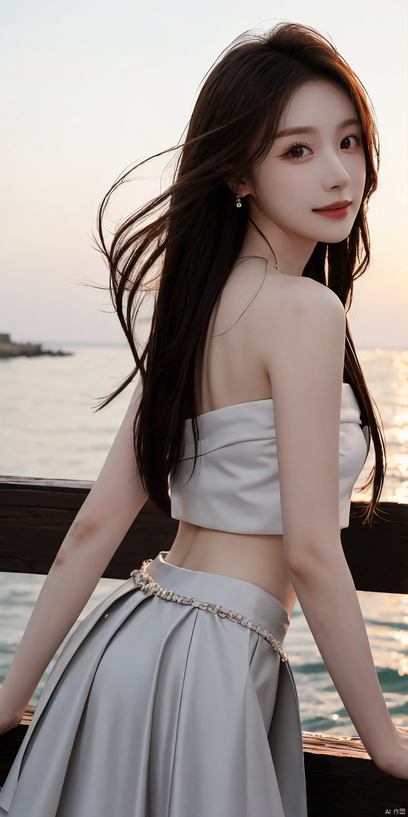  best quality, masterpiece, realistic,cowboy_shot,(Good structure), DSLR Quality,Depth of field,kind smile,looking_at_viewer,Dynamic pose, 
1girl, solo, long hair, , looking at viewer, skirt, hair ornament, bare shoulders, jewelry, , black hair, earrings, outdoors, midriff, water, necklace, lips, crop top, grey eyes, leaning forward, ocean, white skirt, strapless vest, sunset, sun, , , longni, dress