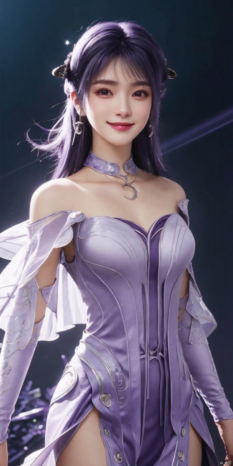  best quality, masterpiece, realistic,cowboy_shot,(Good structure), DSLR Quality,Depth of field,kind smile,looking_at_viewer,Dynamic pose, 
1 girl,(Purple light effect),hair ornament,jewelry,looking at viewer, , , dofas,(ultra-detailed crystallization),transparent crystals, , , , , , jiziyue.Purple hair