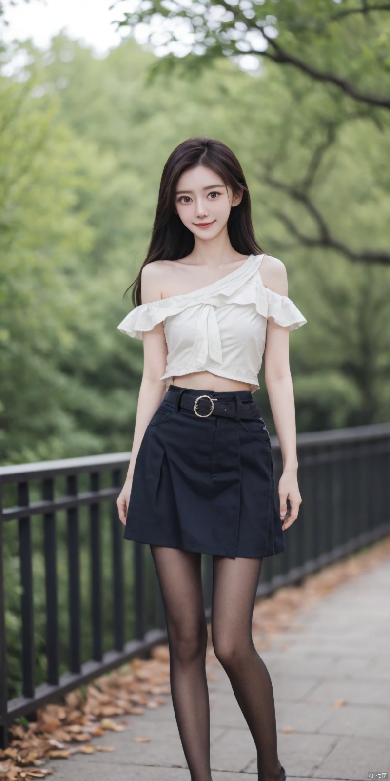  best quality, masterpiece, full_body,(Good structure), DSLR Quality,Depth of field,kind smile,looking_at_viewer,Dynamic pose,
 1girl, 3d, bare_shoulders, belt, blurry, blurry_background, blurry_foreground, branch, , , , collarbone, cosplay_photo, denim, denim_skirt, depth_of_field, , lips, long_hair, looking_at_viewer, midriff, miniskirt, motion_blur, navel, outdoors, photo_\(medium\), realistic, skirt, solo, standing, tree, , , , blackpantyhose, , , , , , angel