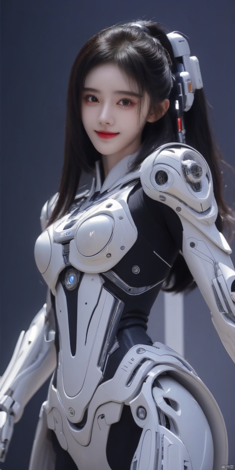  best quality, masterpiece, cowboy_shot,(Good structure), DSLR Quality,Depth of field,kind smile,looking_at_viewer,Dynamic pose, 
The TVGirl,mecha technology suit,standing,,37-point lens,weird style,cyberpunk style, XXE, jujingyi