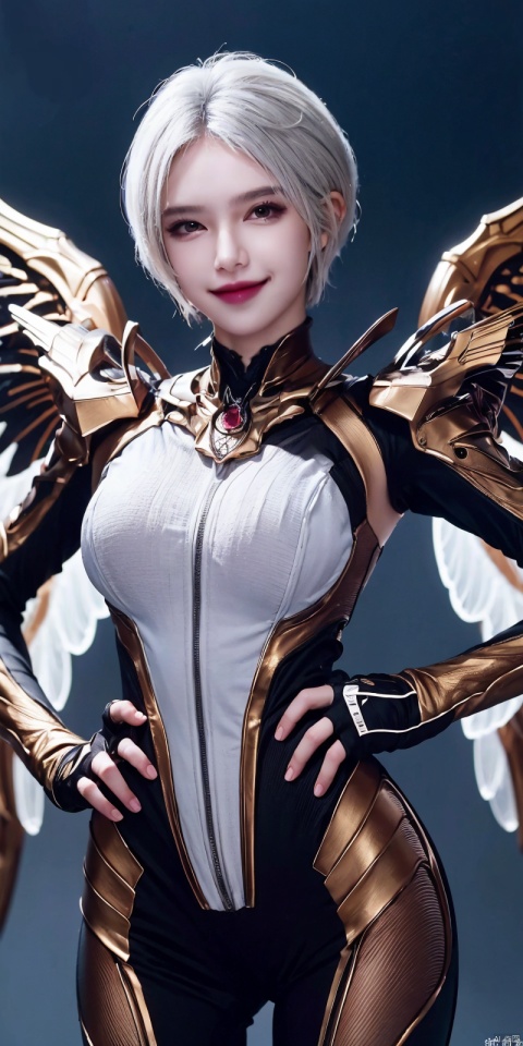  best quality, masterpiece, realistic,,(Good structure), DSLR Quality,Depth of field,kind smile,looking_at_viewer,Dynamic pose, 
 short hair,white_hair,
jiuhuangnv, 1girl, wings, hand on hip, bodysuit, short hair, looking at viewer, solo, breasts