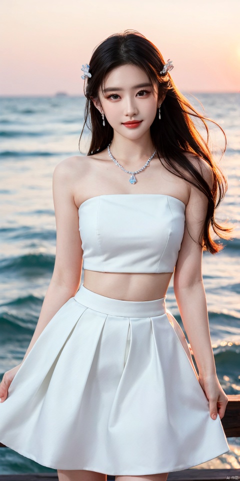  (Good structure),cowboy_shot, DSLR Quality,Depth of field ,looking_at_viewer,Dynamic pose, , kind smile,,
1girl, solo, long hair, , looking at viewer, skirt, hair ornament, bare shoulders, jewelry, , black hair, earrings, outdoors, midriff, water, necklace, lips, crop top, grey eyes, leaning forward, ocean, white skirt, strapless vest, sunset, sun, , liuyifei