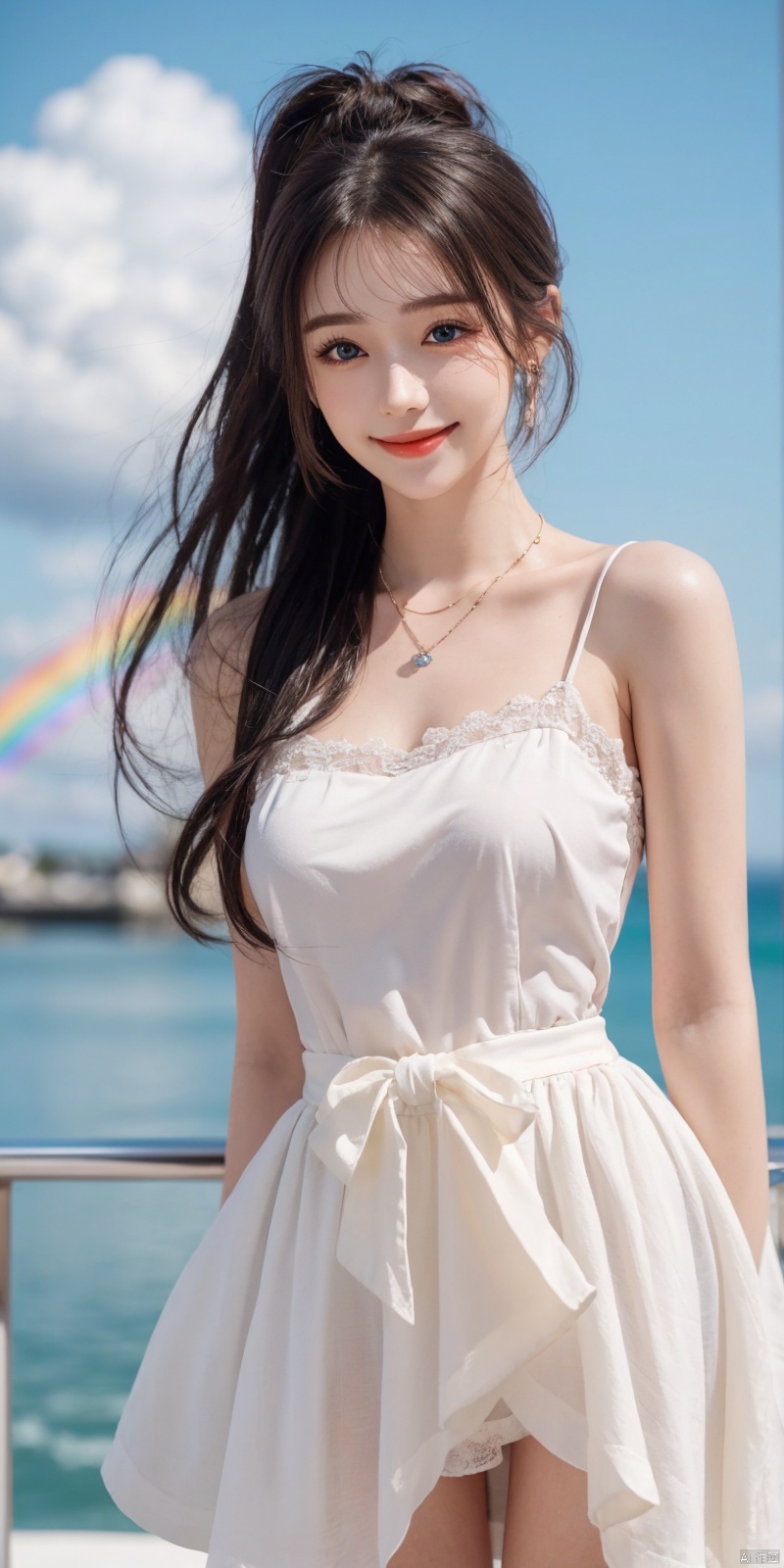  best quality, masterpiece, realistic, ,(Good structure), DSLR Quality,Depth of field,kind smile,looking_at_viewer,Dynamic pose, 
1girl, solo, long hair, breasts, looking at viewer, blush, , bangs, blue eyes,, dress, bow, , bare shoulders, jewelry, very long hair, collarbone, ponytail, white hair, hair bow, thighs, outdoors, sky, sleeveless, day, cloud, water, necklace, white dress, hair over one eye, bracelet, blue sky, blue bow, wading, pendant, doll, skirt hold, rainbow, anastasia \(fate\), eluosi