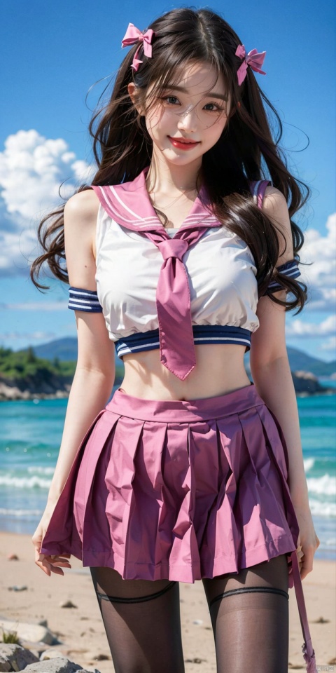 (Good structure), DSLR Quality,Depth of field,kind smile,looking_at_viewer,Dynamic pose,,
,Blue sky and white clouds on the beach,(high-detail skin) , 8K ultra-hd, , high quality, high resolution,(photo realistic: 1.3) 
, sailor senshi uniform,pink bow,pink necktie,pink sailor collar,pinkskirt,black pantyhose, ,, 1girl,  zhangyuanying