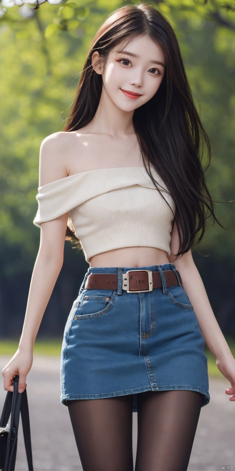  best quality, masterpiece, cowboy_shot,(Good structure), DSLR Quality,Depth of field,kind smile,looking_at_viewer,Dynamic pose,
 1girl, 3d, bare_shoulders, belt, blurry, blurry_background, blurry_foreground, branch, , , , collarbone, *******_photo, denim, denim_skirt, depth_of_field, , lips, long_hair, looking_at_viewer, midriff, miniskirt, motion_blur, navel, outdoors, photo_\(medium\), realistic, skirt, solo, standing, tree, , , , blackpantyhose, , , , , , , lizhien