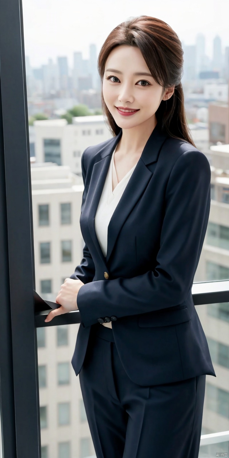  best quality, masterpiece, cowboy_shot,(Good structure), DSLR Quality,Depth of field,kind smile,looking_at_viewer,Dynamic pose, 
Modern businesswoman, dressed in a sleek suit and tie, posing confidently in a modern office setting, cityscape view through the window, focused expression, powerful pose, professional attire, realistic lighting, sharp focus.,lichun