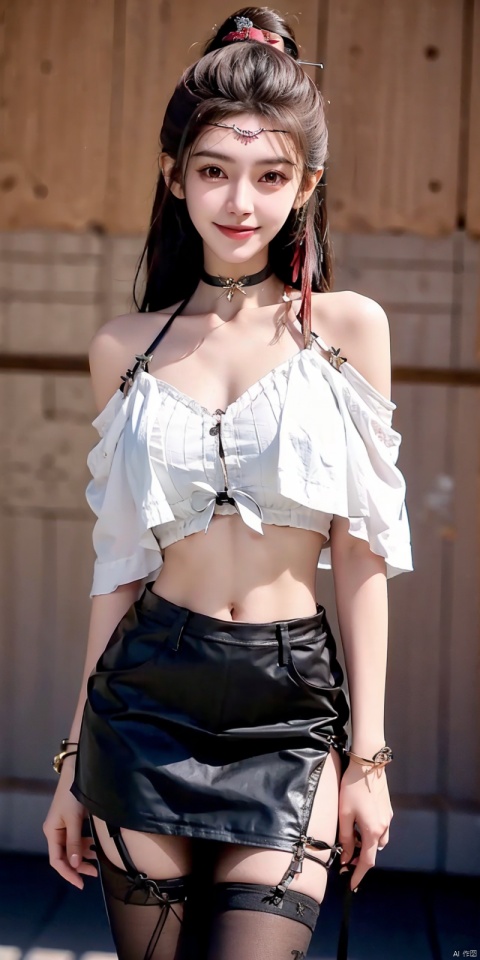  nai3, 1girl, solo, crop top, choker, miniskirt , navel, shirt, midriff, crop top overhang, looking at viewer, white shirt, jewelry, breasts, cowboy shot, bare shoulders, off-shoulder shirt, off shoulder, black choker, thighs, stomach, hand on own thigh, long hair, bracelet, short sleeves, ribbon, hand up, collarbone, hair ribbon, medium breasts, standing, , , bra strap, kind smile, hair ornament, thigh gap, bangs, necklace, expressionless,,kind smile , , blackpantyhose, , Dynamic pose,,liuqiyue