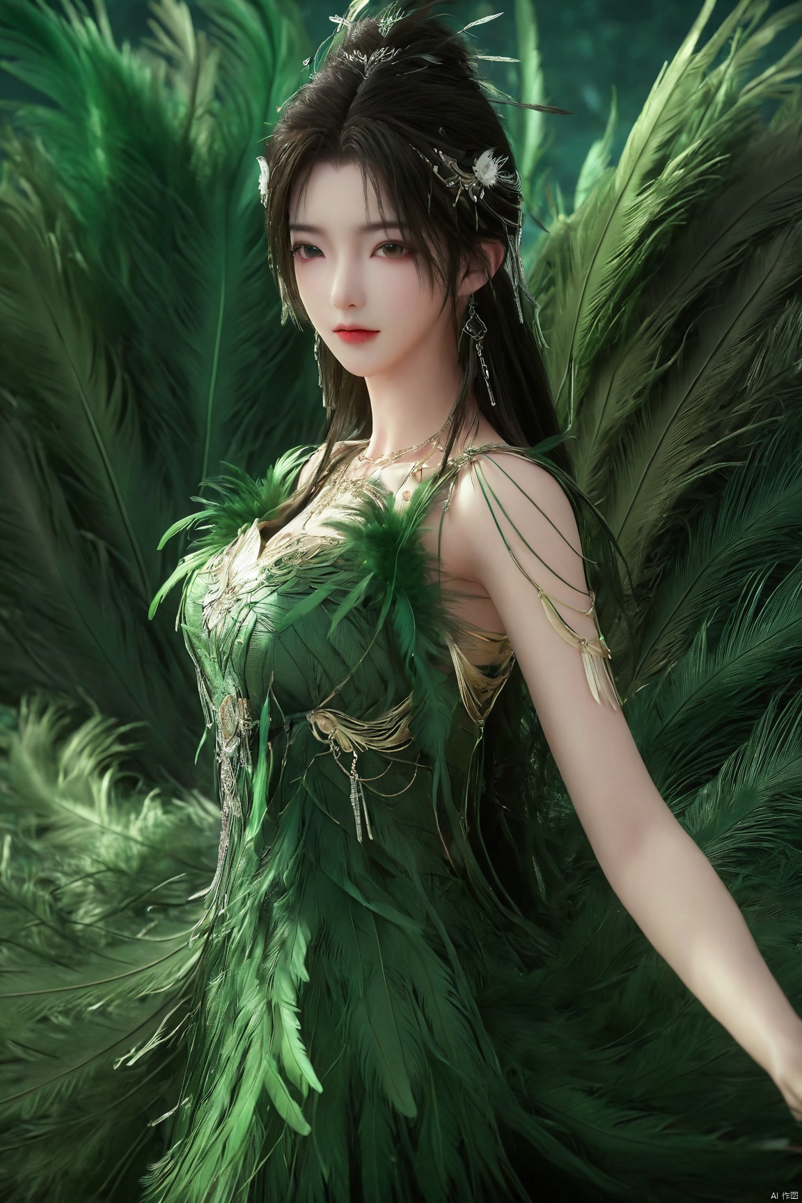  (Good structure), DSLR Quality,Depth of field ,looking_at_viewer,Dynamic pose, 1girl,a gorgeous long dress made of feathers,green feather,huge feathers,complex background,beautiful background,(feathers everywhere:1.3),depth of field level,qingyi,kind smile,looking_at_viewer,Dynamic pose