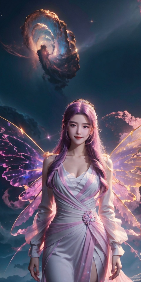  (Good structure), DSLR Quality,Depth of field,kind smile,looking_at_viewer,Dynamic pose, 1girl, wings, solo, nebula wings, , long hair, navel, dress, pink wings, looking at viewer, star \(sky\), , , bare shoulders, sky, starry sky, collarbone, realistic, nebula,,, , xuancaiqun, , yunxiao,purple_hair