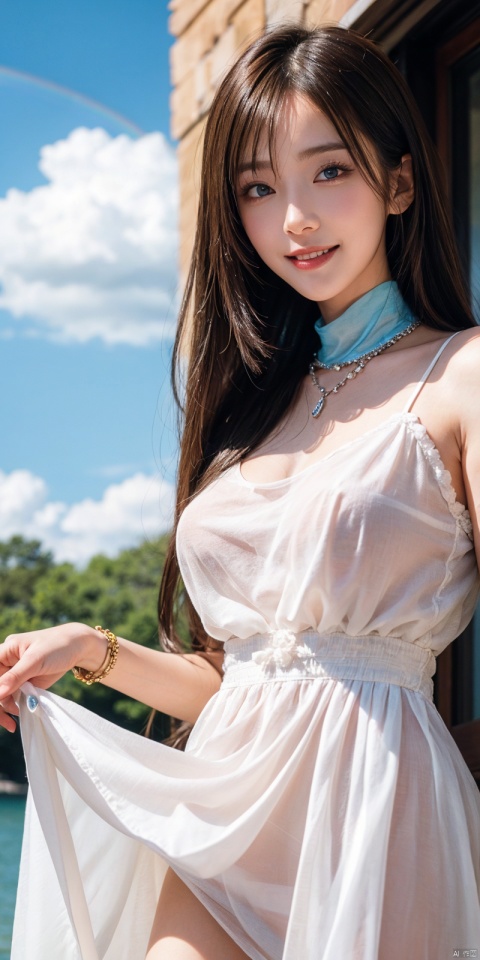  best quality, masterpiece, realistic, ,(Good structure), DSLR Quality,Depth of field,kind smile,looking_at_viewer,Dynamic pose, 
1girl, solo, long hair, breasts, looking at viewer, blush, , bangs, blue eyes,, dress, bow, , bare shoulders, jewelry, very long hair, collarbone, ponytail, white hair, hair bow, thighs, outdoors, sky, sleeveless, day, cloud, water, necklace, white dress, hair over one eye, bracelet, blue sky, blue bow, wading, pendant, doll, skirt hold, rainbow, anastasia \(fate\), ,  , linghua