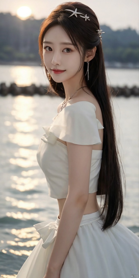  best quality, masterpiece, realistic,cowboy_shot,(Good structure), DSLR Quality,Depth of field,kind smile,looking_at_viewer,Dynamic pose, 
1girl, solo, long hair, , looking at viewer, skirt, hair ornament, bare shoulders, jewelry, , black hair, earrings, outdoors, midriff, water, necklace, lips, crop top, grey eyes, leaning forward, ocean, white skirt, strapless vest, sunset, sun, , , , weddingdress, , lichun
