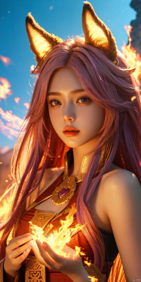  masterpiece, 1 girl, Look at me, Long hair, Flame, A magical scene, glowing, Floating hair, realistic, Nebula, An incredible picture, The magic array behind it, Stand, textured skin, super detail, best quality, ,,dress, ((poakl)), yae miko,purple eyes, pink hair, animal ears, bare shoulders, fox ears, heart, , long hair, , hair between eyes,