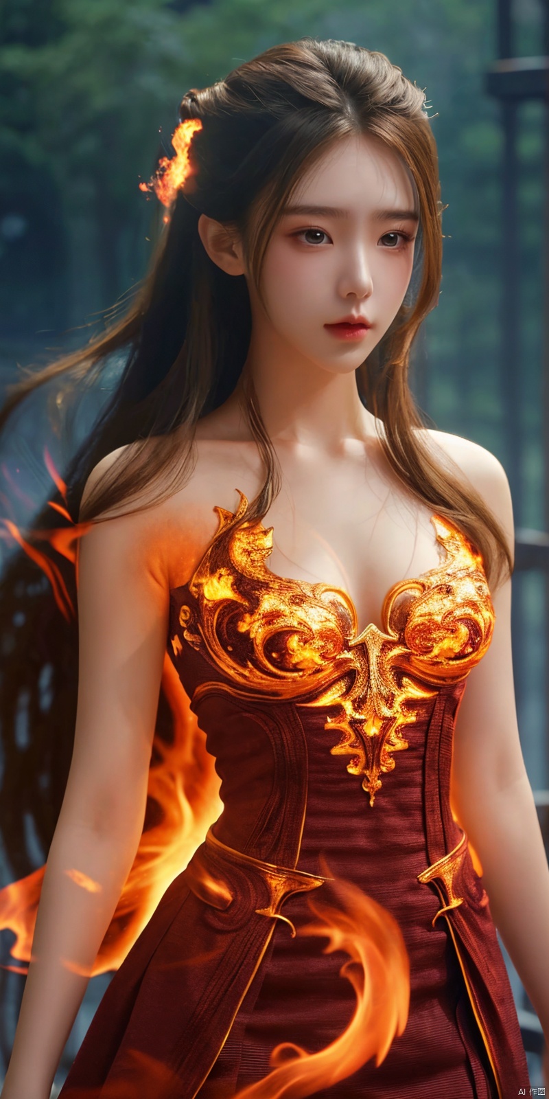  masterpiece, 1 girl, Look at me, Long hair, Flame, A magical scene, glowing, Floating hair, realistic, Nebula, An incredible picture, The magic array behind it, Stand, textured skin, super detail, best quality, , huolinger,dress, 1girl, yanlingji, ((poakl))