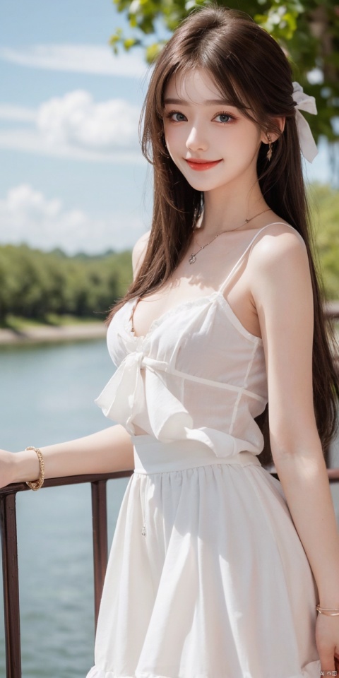  best quality, masterpiece, realistic, ,(Good structure), DSLR Quality,Depth of field,kind smile,looking_at_viewer,Dynamic pose, 
1girl, solo, long hair, breasts, looking at viewer, blush, , bangs, blue eyes,, dress, bow, , bare shoulders, jewelry, very long hair, collarbone, ponytail, white hair, hair bow, thighs, outdoors, sky, sleeveless, day, cloud, water, necklace, white dress, hair over one eye, bracelet, blue sky, blue bow, wading, pendant, doll, skirt hold, rainbow, anastasia \(fate\), eluosi