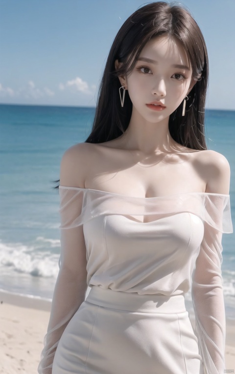  (((1 girl))), (medium breasts:), ((upper body:0.7)), half body photo, female solo, depth of field, blue earrings, jewelry, off-shoulder white shirt, black tight skirt, (at beach), blonde hair, (((masterpiece))), (((best quality))), ((ultra-detailed)), (best illustration), (best shadow), photorealistic:1.3, realistic), highly detailed CG unified 8K wallpapers, (HQ skin:1.3, shiny skin), 8k uhd, dslr, soft lighting, high quality, film grain, Fujifilm XT3, (professional lighting), red lips,,Best quality, 8k,cg,Eye close-up,cute girl, , crystal_dress, yeqinxian, sunyunzhu
