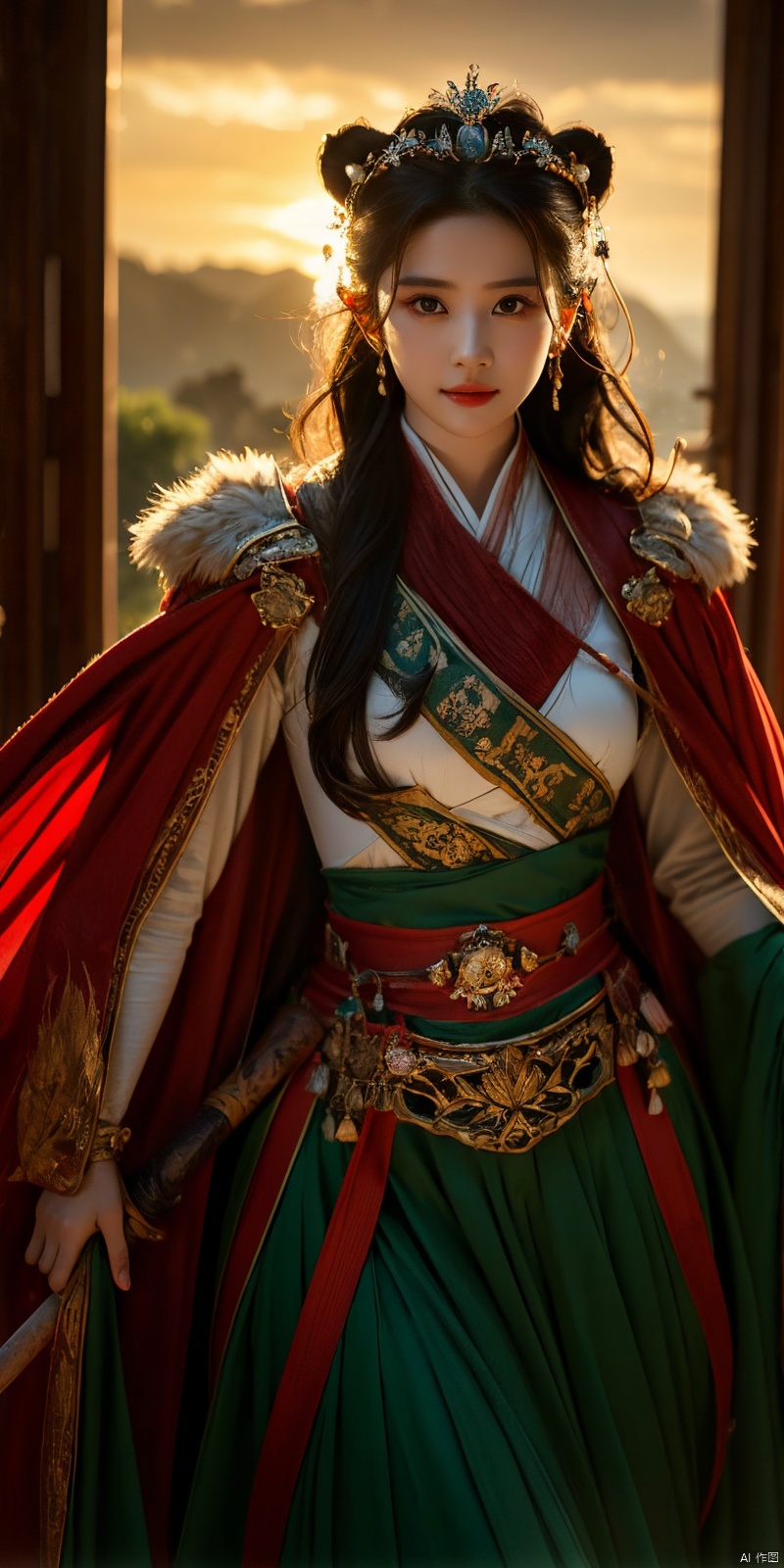 (Good structure), DSLR Quality,Depth of field,kind smile,looking_at_viewer,Dynamic pose, 1girl,Wearing a jade crown, shining silver armor, and wearing a lion headband. Treading towards the sky with cow tendon boots; Wearing a crimson cloak on her shoulders, carrying a three foot green blade on her waist, and carrying an iron tire bow on her back, coupled with her tall figure and resolute expression,Facing the camera, liuyifei, ((poakl))