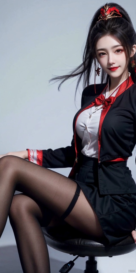  best quality, masterpiece, realistic,,(Good structure), DSLR Quality,Depth of field,kind smile,looking_at_viewer,Dynamic pose, 
1girl, solo, long hair, , looking at viewer, bangs, skirt, shirt, black hair, red eyes, long sleeves, , , sitting, , , jacket, full body, white shirt, pantyhose, sidelocks,miniskirt, black skirt, black footwear, bra, high heels, side ponytail, , black pantyhose, ,,, chair, formal,  , pencil skirt, , office lady, skirt suit, office chair
 , blackpantyhose, jiujiu