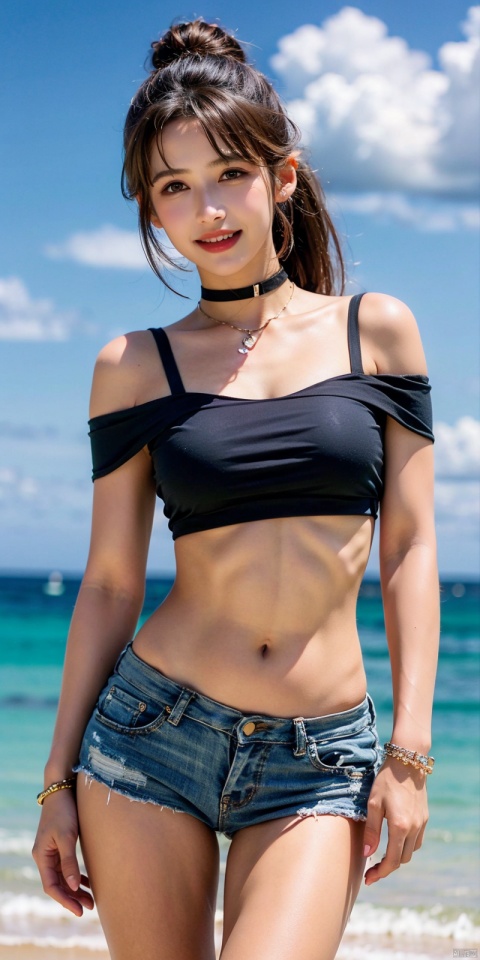  cowboy_shot,(Good structure),, Blue sky,  skirt,white clouds, ocean,nai3, 1girl, , solo, crop top, choker, navel, , midriff, crop top overhang, looking at viewer, , jewelry, breasts, bare shoulders, , off-shoulder shirt, off shoulder, black choker, thighs, stomach, , long hair, bracelet, short sleeves, ribbon, , collarbone, hair ribbon, medium breasts, ,, , hair ornament, thigh gap, necklace, , ,kind smile, , , hanyue, high ponytail, purple hair,Dynamic pose, sufei