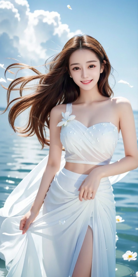 (Good structure), DSLR Quality, depth of field, (1girl:1.2), , very long hair,, yellow eyes, light smile, looking at viewer, white shirt, white skirt, (flying white chiffon:1.5), bare shoulder, (flying blue petals:1.2), (standing above water surface), sky background, (cloud:1.2), white bird, floating water drops, (white border:1.2) , 
backlight, , taoist robe, ll-hd,(((large breasts)), depth of field,, ((poakl)),  dililengba,looking_at_viewer,kind smile