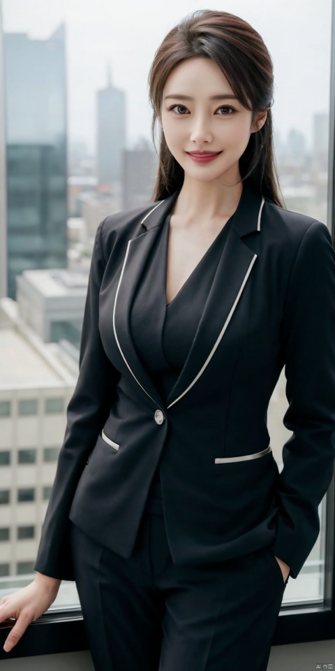  best quality, masterpiece, cowboy_shot,(Good structure), DSLR Quality,Depth of field,kind smile,looking_at_viewer,Dynamic pose, 
Modern businesswoman, dressed in a sleek suit and tie, posing confidently in a modern office setting, cityscape view through the window, focused expression, powerful pose, professional attire, realistic lighting, sharp focus.,lichun