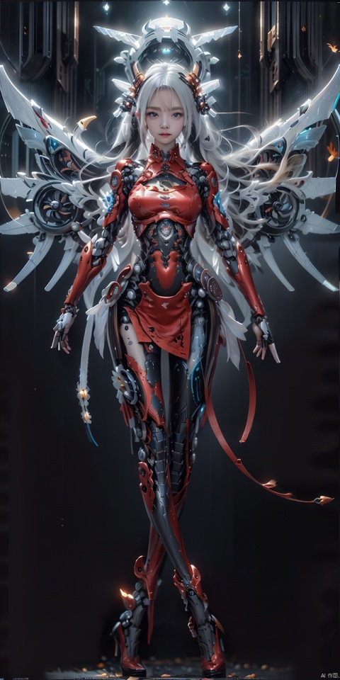 Masterpiece-level best_quality, concept artwork, a lonely solo girl, horn,,,  centipede-like tentacles wrapped around, wearing red PVC shell, mechanical exoskeleton device equipment, creating avant-garde andterrifyingvisualeffect.,32k,,twolegs,Sideface,,  ll-hd, See thru wet T shirt, , BY MOONCRYPTOWOW,HALO,PHYCHEDELIC,CYBERPUNK ROBOT,COMPLEX ROBOT, tianqi, white_hair,blue_eyes,white dress,((Mechanical wings)),high heels,fly,Mechanical wings
