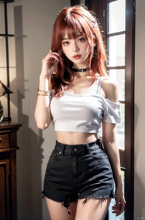  nai3, 1girl, shorts, solo, crop top, black shorts, choker, navel, shirt, midriff, crop top overhang, looking at viewer, white shirt, jewelry, breasts, cowboy shot, bare shoulders, short shorts, off-shoulder shirt, off shoulder, black choker, thighs, stomach, hand on own thigh, long hair, bracelet, short sleeves, ribbon, hand up, collarbone, hair ribbon, medium breasts, standing, high-waist shorts, dolphin shorts, bra strap, closed mouth, hair ornament, thigh gap, bangs, necklace, expressionless,, yae miko,pink hair