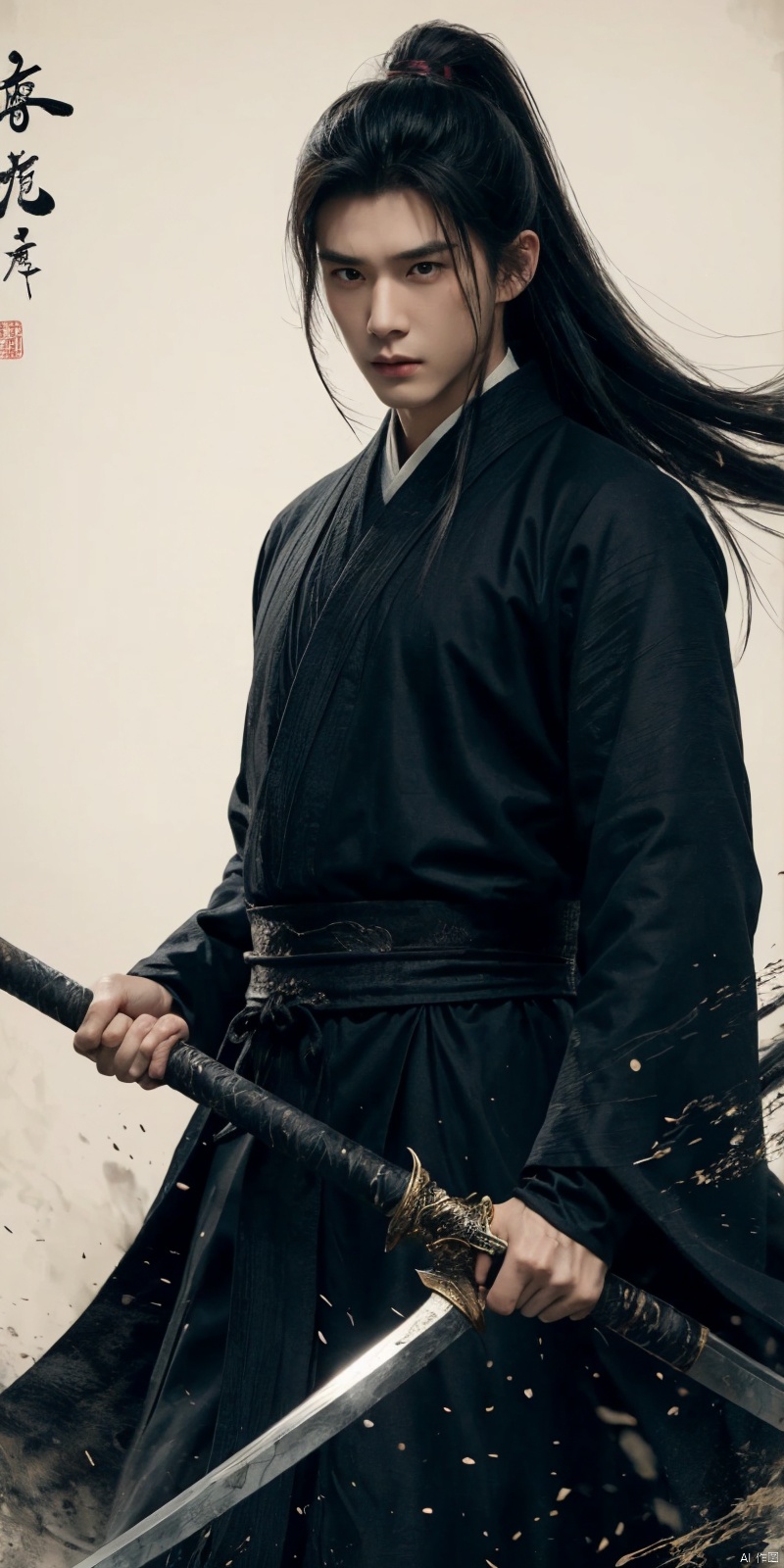  sdmai, wuxia, Chinese ink painting, artistic ink painting, Chinese martial arts films, wearing black robes, fighting posture, cinematic grandeur, splashing details, wild and powerful, solo, weapon, black hair, sword, long hair, male focus, looking at viewer, 1boy, scar, asuo, ((poakl)), 1girl