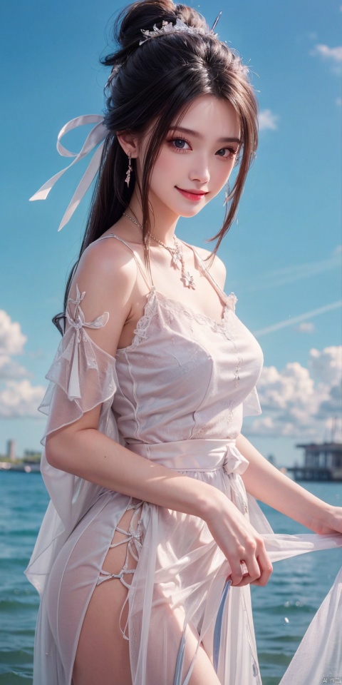  best quality, masterpiece, realistic, ,(Good structure), DSLR Quality,Depth of field,kind smile,looking_at_viewer,Dynamic pose, 
1girl, solo, long hair, , looking at viewer, blush, , bangs, blue eyes,, dress, bow, , bare shoulders, jewelry, very long hair, collarbone, ponytail, white hair, hair bow, thighs, outdoors, sky, sleeveless, day, cloud, water, necklace, white dress, hair over one eye, bracelet, blue sky, blue bow, wading, pendant, doll, skirt hold, rainbow, anastasia \(fate\), ,  ,  , luxueqi