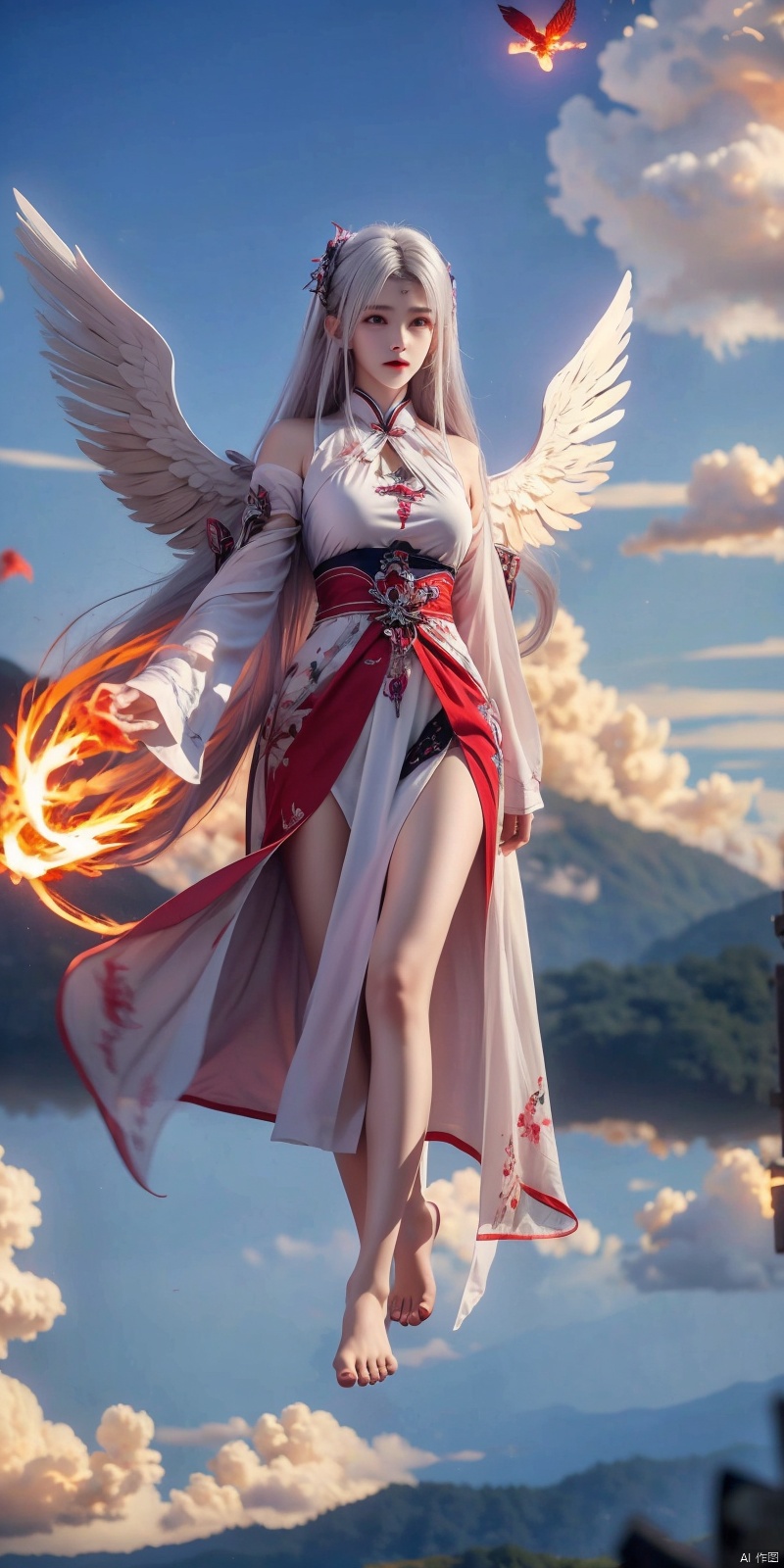  (Good structure), DSLR Quality,1girl, 
(red fire,magic),(glowing eyes:1.3), 
chest,electricity, lightning,
white magic, aura,,
Front view,air,cloud,
backlight,looking at viewer,,white hair
very long hair,hair flowe

(bare feet,:1.2)(flying in the sky:1.6),(Stepping on the clouds:1.2),(Red Angel Wings:1.2), wings,((poakl)), xiaoyixian,white hair, 1girl