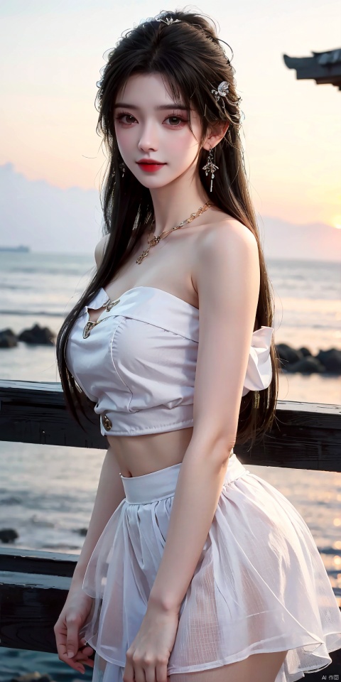  (Good structure),cowboy_shot, DSLR Quality,Depth of field ,looking_at_viewer,Dynamic pose, , kind smile,,
1girl, solo, long hair, , looking at viewer, skirt, hair ornament, bare shoulders, jewelry, , black hair, earrings, outdoors, midriff, water, necklace, lips, crop top, grey eyes, leaning forward, ocean, white skirt, strapless vest, sunset, sun, qingyi, wanglin, yeqinxian, babata