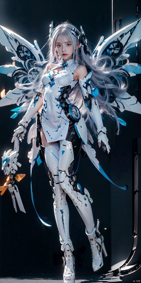  best quality,masterpiece,1girl,pink mecha body,cyborg,blue eyes,brown hair,depth of field,white hair,looking at viewer,1 girl with wings in mecha,Wings Follow Character Proportion,Outstanding,8K wallpaper,jixieji, 1girl, Dragon ear, tianqi, ((poakl)), Detail, white_hair,((Mechanical wings)),high heels,fly,