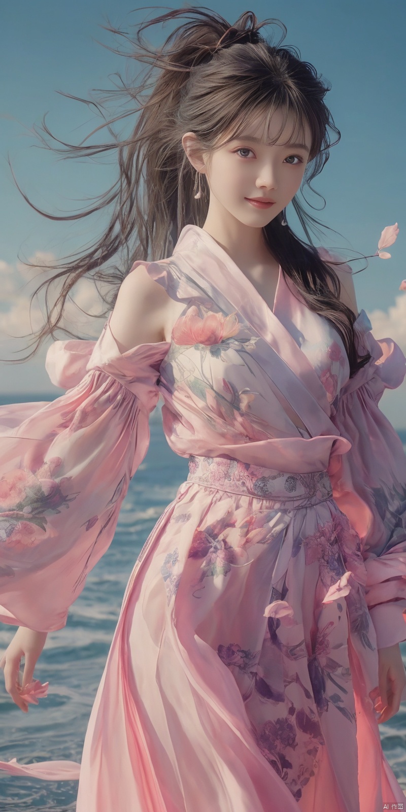 best quality, masterpiece, cowboy_shot,(Good structure), DSLR Quality,Depth of field,kind smile,looking_at_viewer,Dynamic pose, 
 Surrealism Dream Style,glowing neon color,RAW photo,at night,1girl,solo,sea,black hair,ponytail,looking at viewer,long hair,up,lips,sash,water splaashing,hair ornament,realistic,wide sleeves,hanfu,long dress,Semi transparent gauze skirt,surrealist,Best quality,masterpiece,ultra high res,Petal skirt,wind,flowers,bloom,Clouds,smoke,neon lights, 80sDBA style, 1 girl, , , wangyushan