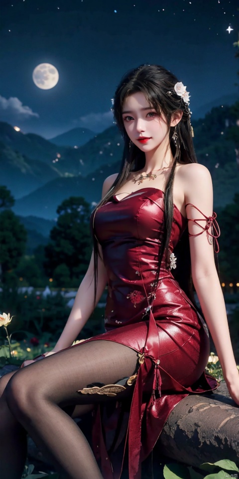  (Good structure),cowboy_shot,Girl in the Flower Field of Lycoris. Sitting in a clearing. 
Long elaborate hairstyle with loose hair and braids, Beautiful hair clips. Burgundy lipstick.
Long fluffy black and burgundy luxury dress,crop top , Elegant clothes. 
 Lycoris petals fly in the wind. 
Esthetics. Good Quality. 
Night., more_details, , starrystarscloudcolorful, moon, night, moonlight, beautiful starry sky,qingyi, blackpantyhose,looking_at_viewer,kind smile,Dynamic pose, yangchaoyue