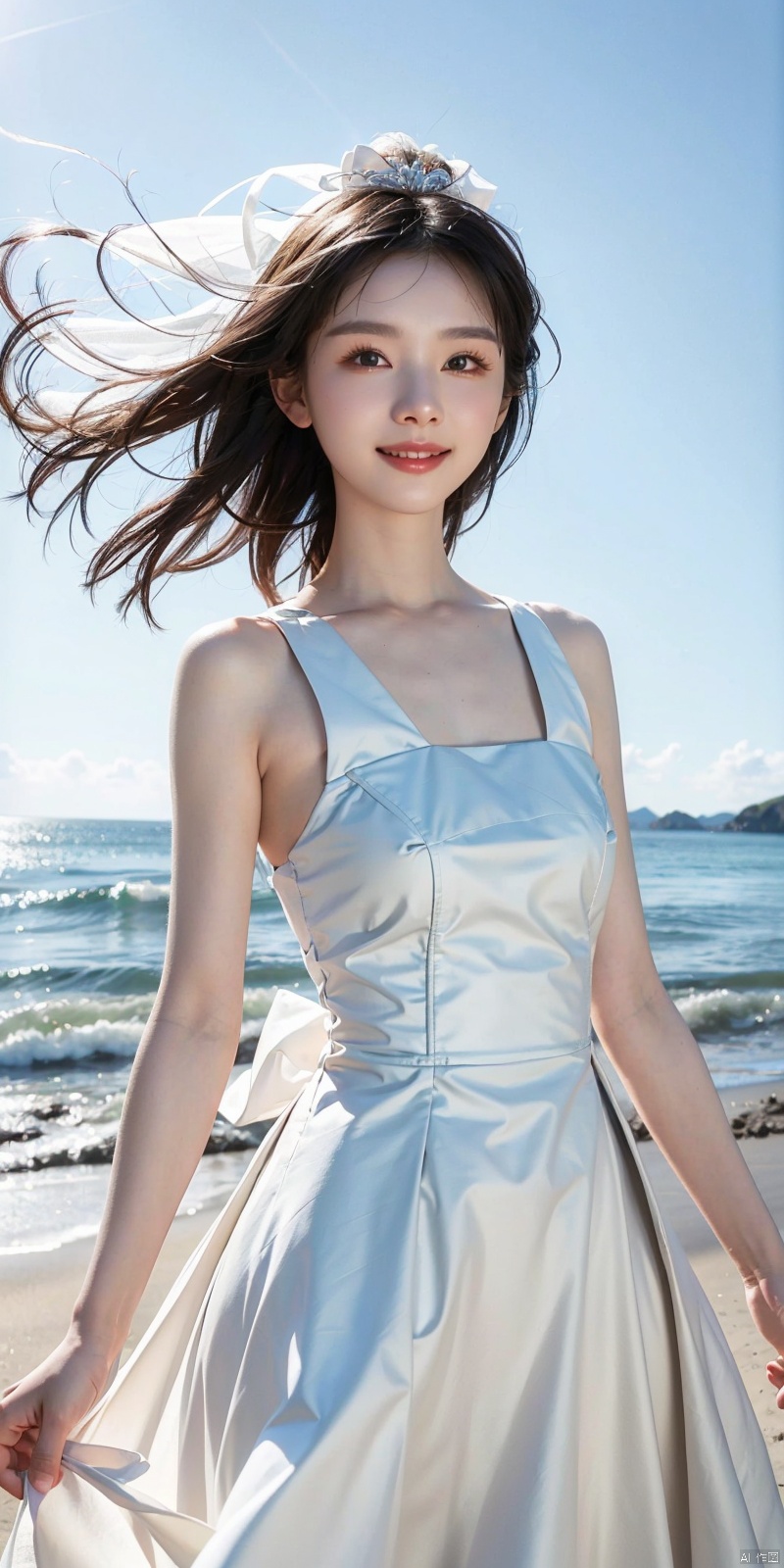  best quality, masterpiece, cowboy_shot,(Good structure), DSLR Quality,Depth of field,kind smile,looking_at_viewer,Dynamic pose, 
, Blue sky and white clouds on the beach,Masterpiece, (ultra wide angle lens: 1.2), Unity8k wallpaper, best quality, (detail shadow: 1.1), a beautiful girl, on a sea of light blue silk, translucent silk, floating light blue silk, surrealist style, minimalism, highly detailed texture, light blue, white clean background, CG rendering, light passing through clouds, 8k resolution, (motion photo: 1.2), (Fidelity: 1.4), original photos, movie lighting, 1girl,, ,,kind smile, , weddingdress, , duling