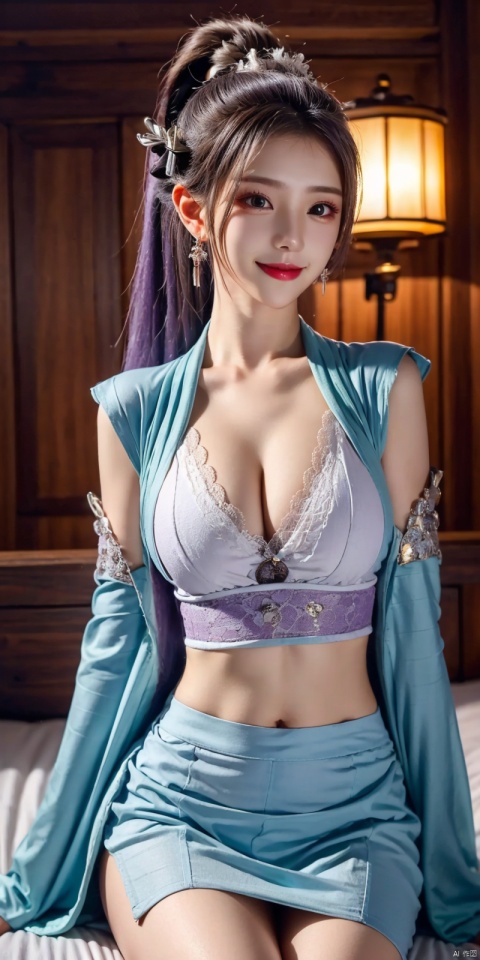  (Good structure), DSLR Quality, cowboy_shot, 1girl, Lace skirt, on Stomach, bed,aqua_earrings,chang,  ((poakl)),kind smile, hanyue, high ponytail, purple hair,