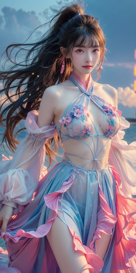 best quality, masterpiece, realistic,cowboy_shot,(Good structure), DSLR Quality,Depth of field,kind smile,looking_at_viewer,Dynamic pose, 
 Surrealism Dream Style,glowing neon color,RAW photo,at night,1girl,solo,sea,black hair,ponytail,looking at viewer,long hair,up,lips,sash,water splaashing,hair ornament,realistic,wide sleeves,hanfu,long dress,Semi transparent gauze skirt,surrealist,Best quality,masterpiece,ultra high res,Petal skirt,wind,flowers,bloom,Clouds,smoke,neon lights, 80sDBA style, 1 girl, , , fangfang