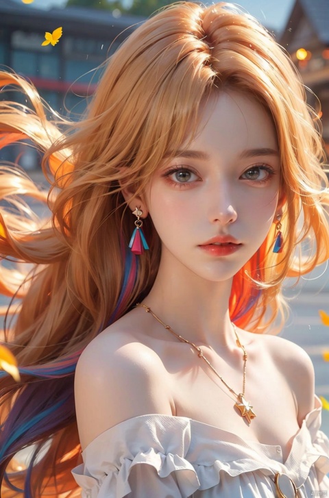  DSLR, (Good structure), HDR, UHD, 8K, 1girl,Bangs, off shoulder, colorful_hair, ((colorful hair)), , chest, necklace, earrings, floating hair, jewelry, sleeveless, very long hair,Looking at the observer, parted lips, pierced,energy,electricity,magic,sssr,blonde hair, Detail, eluosi