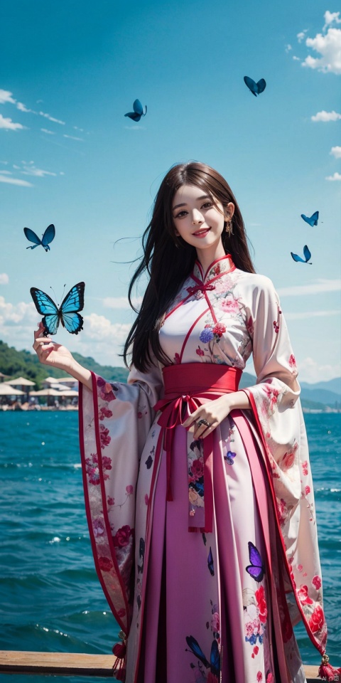  best quality, masterpiece, (cowboy_shot),(Good structure), DSLR Quality,Depth of field,kind smile,looking_at_viewer,Dynamic pose, line art,line style,as style,best quality,masterpiece, The image features a beautiful anime-style illustration of a young woman. She has long black hair and is dressed in a traditional Chinese outfit. The outfit consists of a white top with blue and purple accents, a long skirt, and a butterfly-shaped mirror in her hand. She stands against a backdrop of a clear blue sky and a body of water, with butterflies fluttering around her. AI painting pure tag structure: anime, art, illustration, traditional clothes, blue, white, long hair, black hair, butterfly, mirror, sky, water,  , nazha, chineseclothes