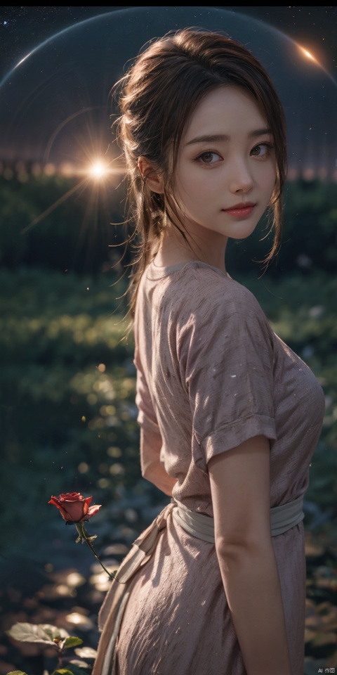  best quality, masterpiece, realistic,cowboy_shot,(Good structure), DSLR Quality,Depth of field,kind smile,looking_at_viewer,Dynamic pose, 1girl,
8k resolution, Masterpiece quality, High detail. from below,
Fantasy theme, cropped. {(1 girl:1.5),(close to viewer:1.8), ((looking at viewer:2), beautiful face, breasts), ((worm's eye shot:1.2)),perspective distortion}, (Panoramic view, fisheye lens effect:1.1). 
{(Strong backlighting, underexposure:1.4), (blocked shadows:0.8), depth of field(at 100mm focal length:1.2)}, (horizon:0.7), low key earth.
the starry sky feathering into the background, creating a sense of depth and gradient. Incorporating Droste Effect(an endless repetition and reflection:1.2). 
Surrounded by fluttering rose petals, reflected or casting dramatic shadows and highlights, {(meteor shower, planets:1.1), (Vermilion Comet:1.3)}. mesmerizing effect, a dreamlike ambiance of infinity. A vortex of rose petals, a starry sky vortex, , as, vortex, tyjf, ,lichun