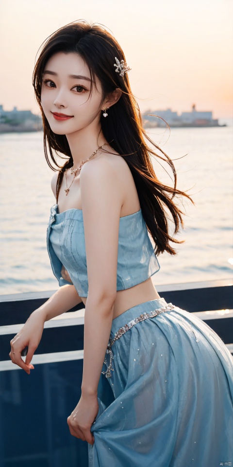  best quality, masterpiece, realistic,cowboy_shot,(Good structure), DSLR Quality,Depth of field,kind smile,looking_at_viewer,Dynamic pose, 
1girl, solo, long hair, , looking at viewer, skirt, hair ornament, bare shoulders, jewelry, , black hair, earrings, outdoors, midriff, water, necklace, lips, crop top, grey eyes, leaning forward, ocean, white skirt, strapless vest, sunset, sun, , ,  dress,blue dress, songyi