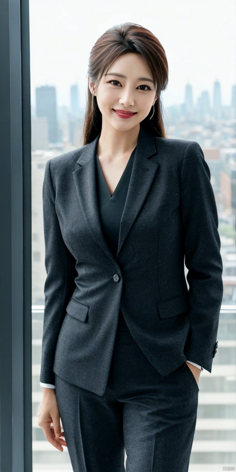  best quality, masterpiece, cowboy_shot,(Good structure), DSLR Quality,Depth of field,kind smile,looking_at_viewer,Dynamic pose, 
Modern businesswoman, dressed in a sleek suit and tie, posing confidently in a modern office setting, cityscape view through the window, focused expression, powerful pose, professional attire, realistic lighting, sharp focus.,lichun