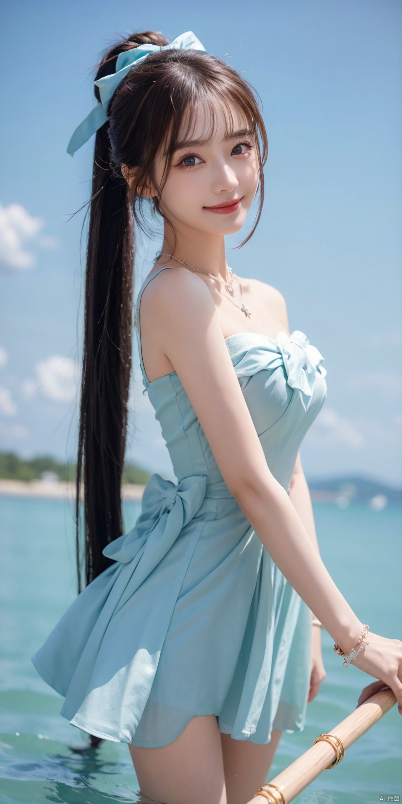  best quality, masterpiece, realistic, ,(Good structure), DSLR Quality,Depth of field,kind smile,looking_at_viewer,Dynamic pose, 
1girl, solo, long hair, breasts, looking at viewer, blush, , bangs, blue eyes,, dress, bow, , bare shoulders, jewelry, very long hair, collarbone, ponytail, white hair, hair bow, thighs, outdoors, sky, sleeveless, day, cloud, water, necklace, white dress, hair over one eye, bracelet, blue sky, blue bow, wading, pendant, doll, skirt hold, rainbow, anastasia \(fate\), , lianmo