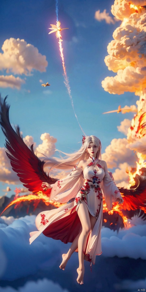  (Good structure), DSLR Quality,1girl, 
(red fire,magic),(glowing eyes:1.3), 
chest,electricity, lightning,
white magic, aura,,
Front view,air,cloud,
backlight,looking at viewer,,white hair
very long hair,hair flowe

(bare feet,:1.2)(flying in the sky:1.6),(Stepping on the clouds:1.2),(Red Angel Wings:1.2), wings,((poakl)), xiaoyixian,white hair